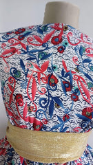 Matase Alba Flori Si Frunze Rosu Albastru Turcoaz MAT1426