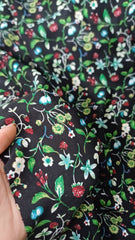 Matase Plina Negru cu Floricele Grena/Verde MAT1419