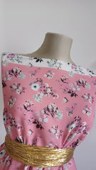 Voal chifon Roz antic Floricele Albe si frunze Negre VOAL1075