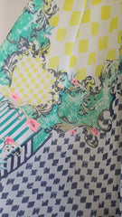 Voal chifon Alb cu Romburi Bleumarin si Bordura Galben/Verde VOAL1120