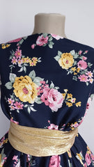 Viscoza Spun Bleumarin cu Buchet Trandafiri Roz/Galben VIS1309