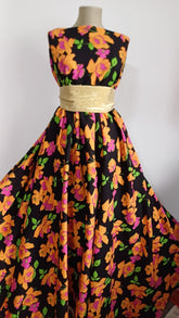 Viscoza Spun Negru cu Trandafiri Portocalii/Magenta VIS1113