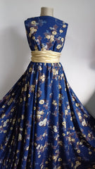 Silky Bleumarin imprimeu Broderie Buchet Floral galben MAT1390