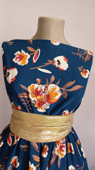 Matase Albastru Marin cu buchet Floral Orange/Alb/Grena MAT1413