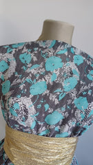 Voal chifon Alb/Negru cu Flori Turcoaz VOAL1029