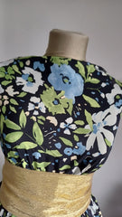 Matase Maroken Negru cu Flori Bleo/Verde/Alb MAT1214