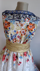 Matase Burnout Alba cu bordura Dubla Model Floral MAT1107