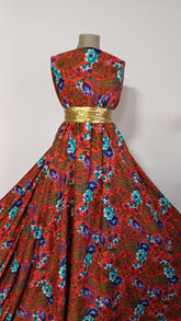 Viscoză Spun – Orange cu Flori Turcoaz și Mov, Model Paisley VIS1308