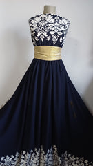 Material Elastic Ripsat Bleumarin cu Bordura Florala Dubla, gros ELA1399