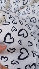 Mătase Elastica  Alb Inimioare Negre MAT1124