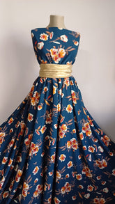 Matase Albastru Marin cu buchet Floral Orange/Alb/Grena MAT1413