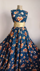 Matase Albastru Marin cu buchet Floral Orange/Alb/Grena MAT1413