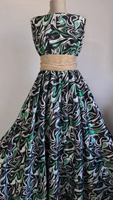 Mătase Satinata Negru/ Alb/ /Verde, conturata cu Argintiu MAT1249