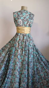 Voal chifon Alb/Negru cu Flori Turcoaz VOAL1029