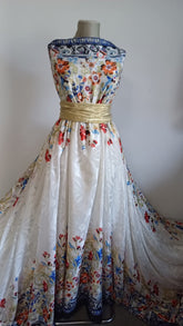 Matase Burnout Alba cu bordura Dubla Model Floral MAT1107