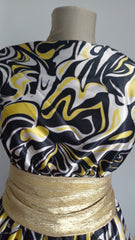 Matase satinata Negru, Galben, Alba, conturat cu Argintiu MAT1418