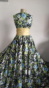 Matase Maroken Negru cu Flori Bleo/Verde/Alb MAT1214