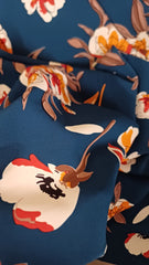 Matase Albastru Marin cu buchet Floral Orange/Alb/Grena MAT1413