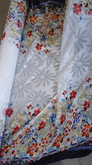 Matase Burnout Alba cu bordura Dubla Model Floral MAT1107