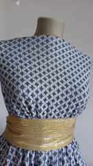 Material Elastic Figuri Rombulete  Alb-Negru-Bleo ELA1276