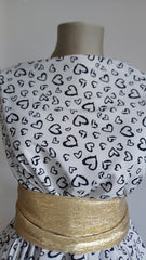 Mătase Elastica  Alb Inimioare Negre MAT1124