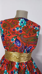 Viscoză Spun – Orange cu Flori Turcoaz și Mov, Model Paisley VIS1308