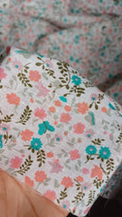 Poplin Bumbac 100% ALB cu floricele ROZ SI FLUTURASI TURCOAZ BBC1034