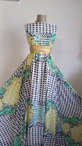 Voal chifon Alb cu Romburi Bleumarin si Bordura Galben/Verde VOAL1120