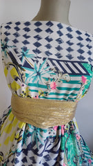 Voal chifon Alb cu Romburi Bleumarin si Bordura Galben/Verde VOAL1120