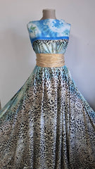 Matase Satinată, imprimeu Animal Print, Negru/Crem/Alb/Turcoaz, cu Bordura pe o singură latură  MAT1307