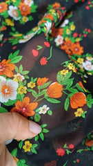 Voal chifon Negru cu Floricele Orange/Alb/Verde VOAL1193