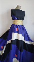 Stofă Crepe Satinată Pictură Fluidă Negru/Mov/Ivory cu Buline Roz STO1284