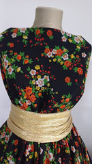 Voal chifon Negru cu Floricele Orange/Alb/Verde VOAL1193