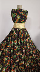 Voal chifon Negru cu Floricele Orange/Alb/Verde VOAL1193