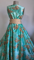 Mătase Satinata Verde cu Trandafiri Capucino MAT1105